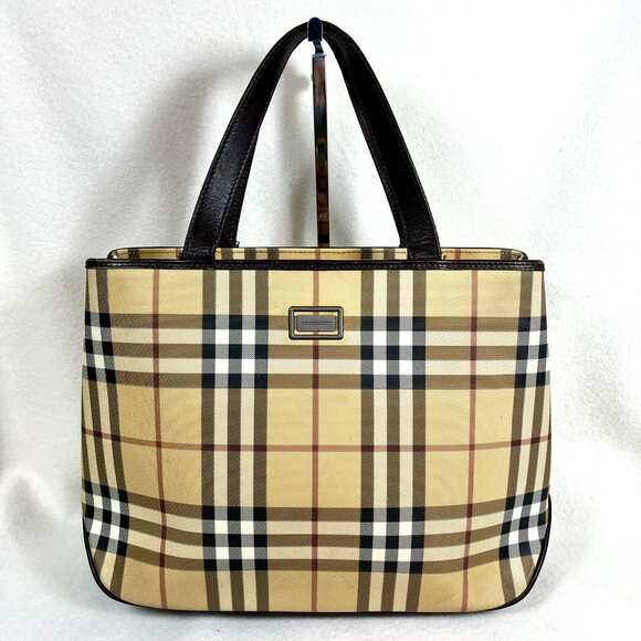 BURBERRY Checker Medium Tote Bag Beige/Brown Inside zipper pocket Purse PVC